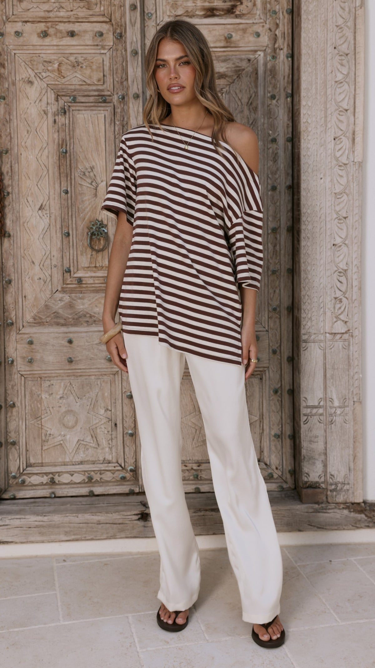Pia One Shoulder Oversize Tee - Choc/White Stripe - Billy J