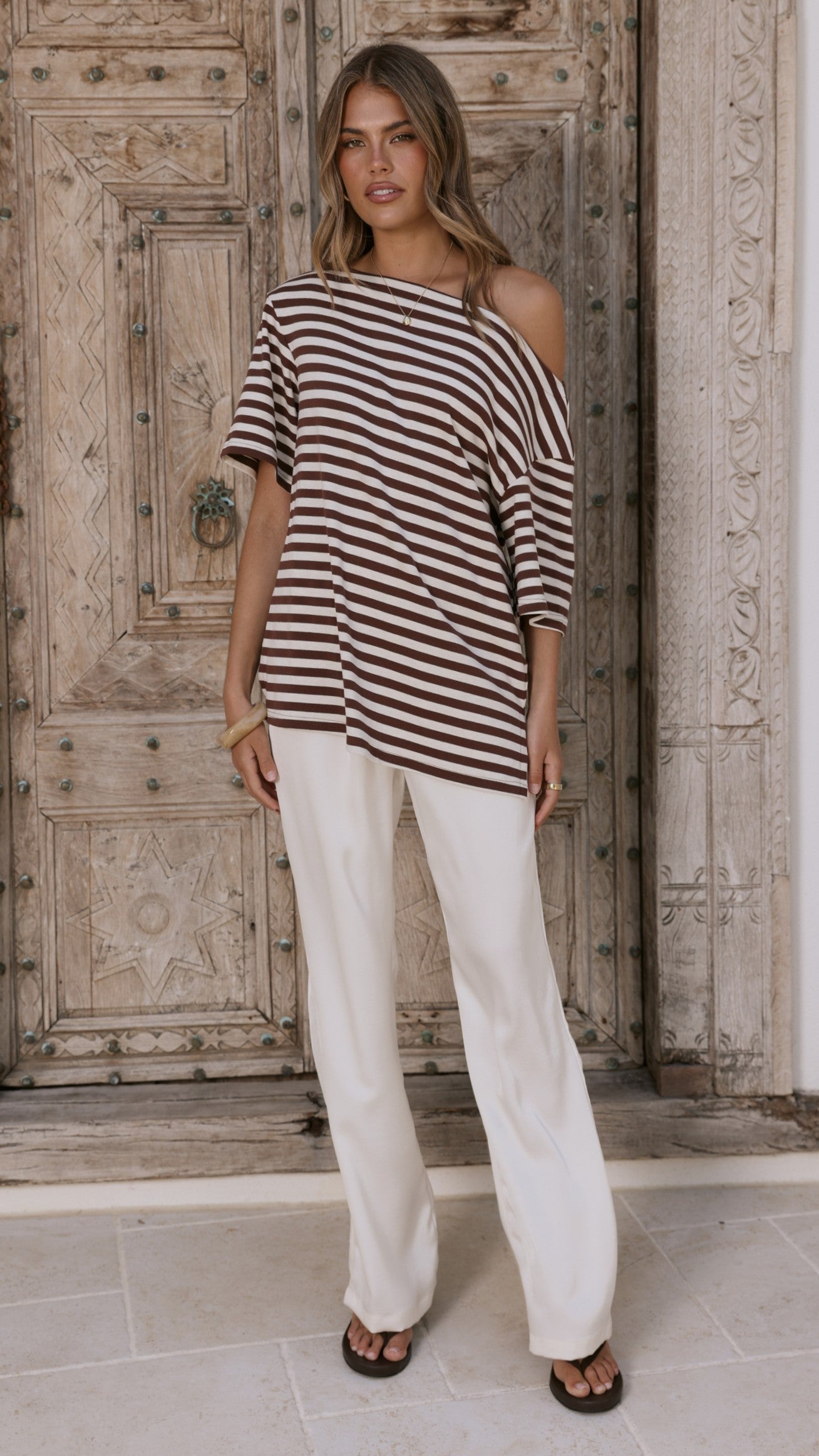Pia One Shoulder Oversize Tee - Choc/White Stripe - Billy J