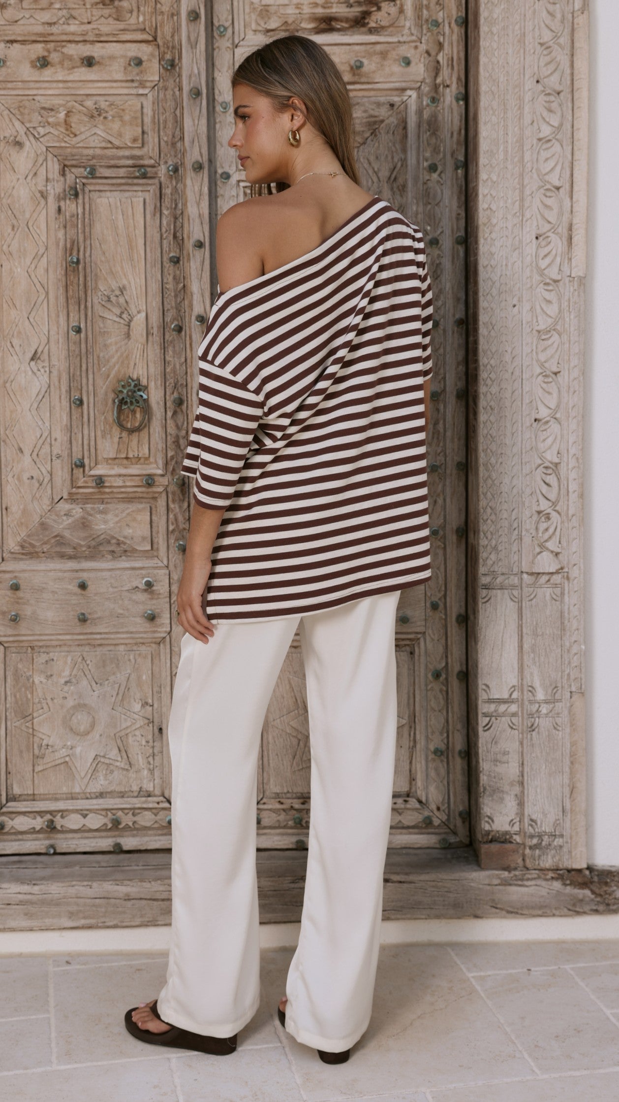 Pia One Shoulder Oversize Tee - Choc/White Stripe - Billy J
