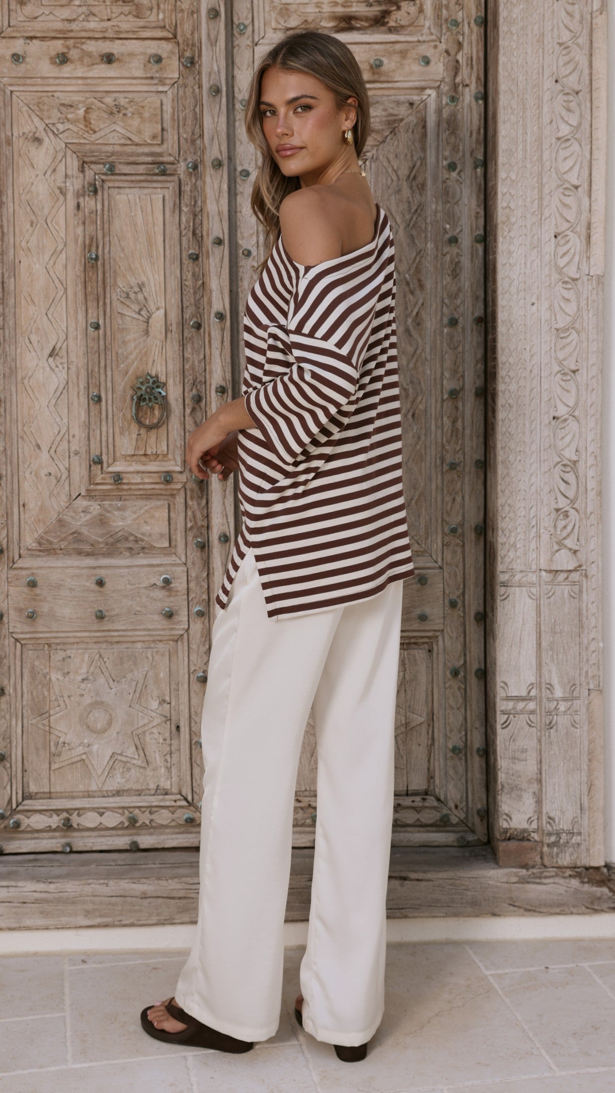 Pia One Shoulder Oversize Tee - Choc/White Stripe - Billy J
