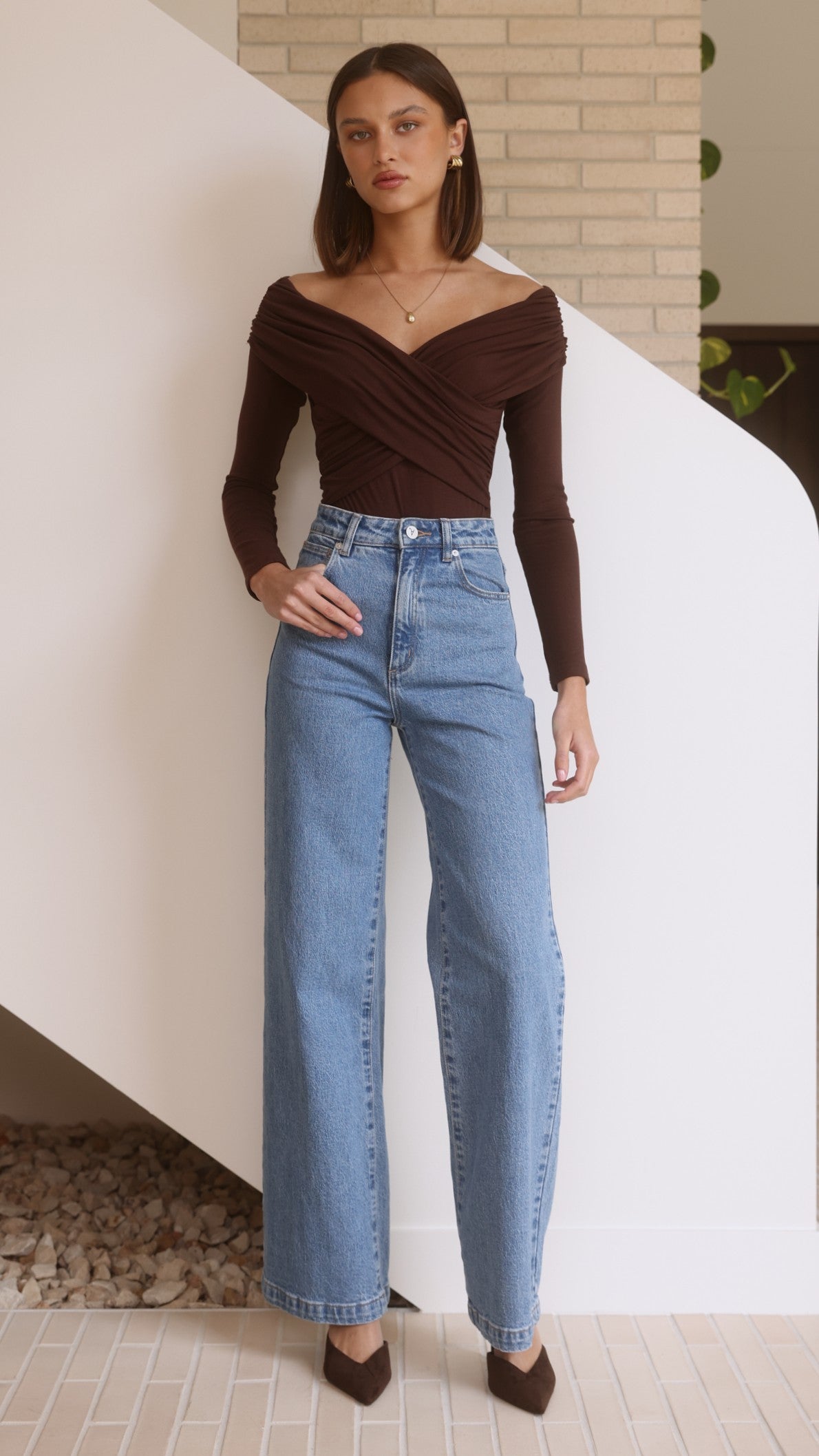 Elkie Off Shoulder Bodysuit - Chocolate - Billy J