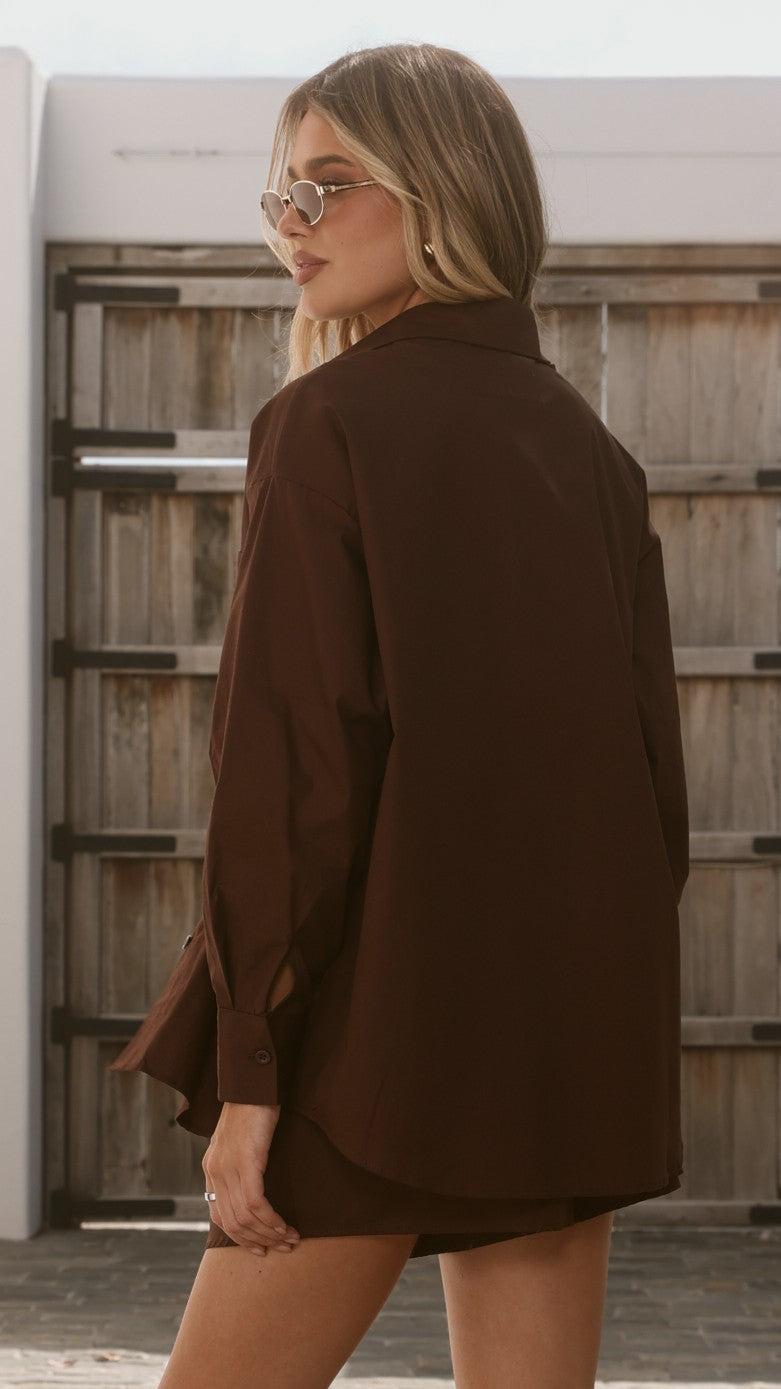 Elita Long Sleeve Button Up Shirt and Shorts Set - Chocolate - Billy J