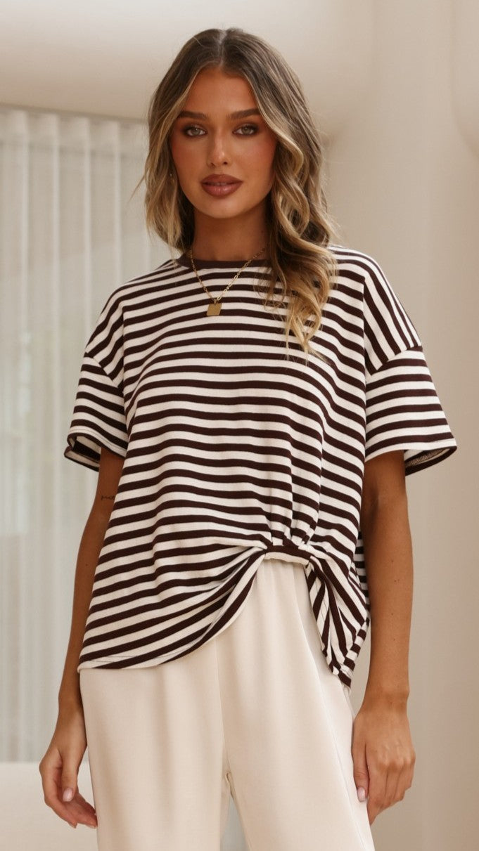 Clara Tee - Choc/White Stripe - Billy J