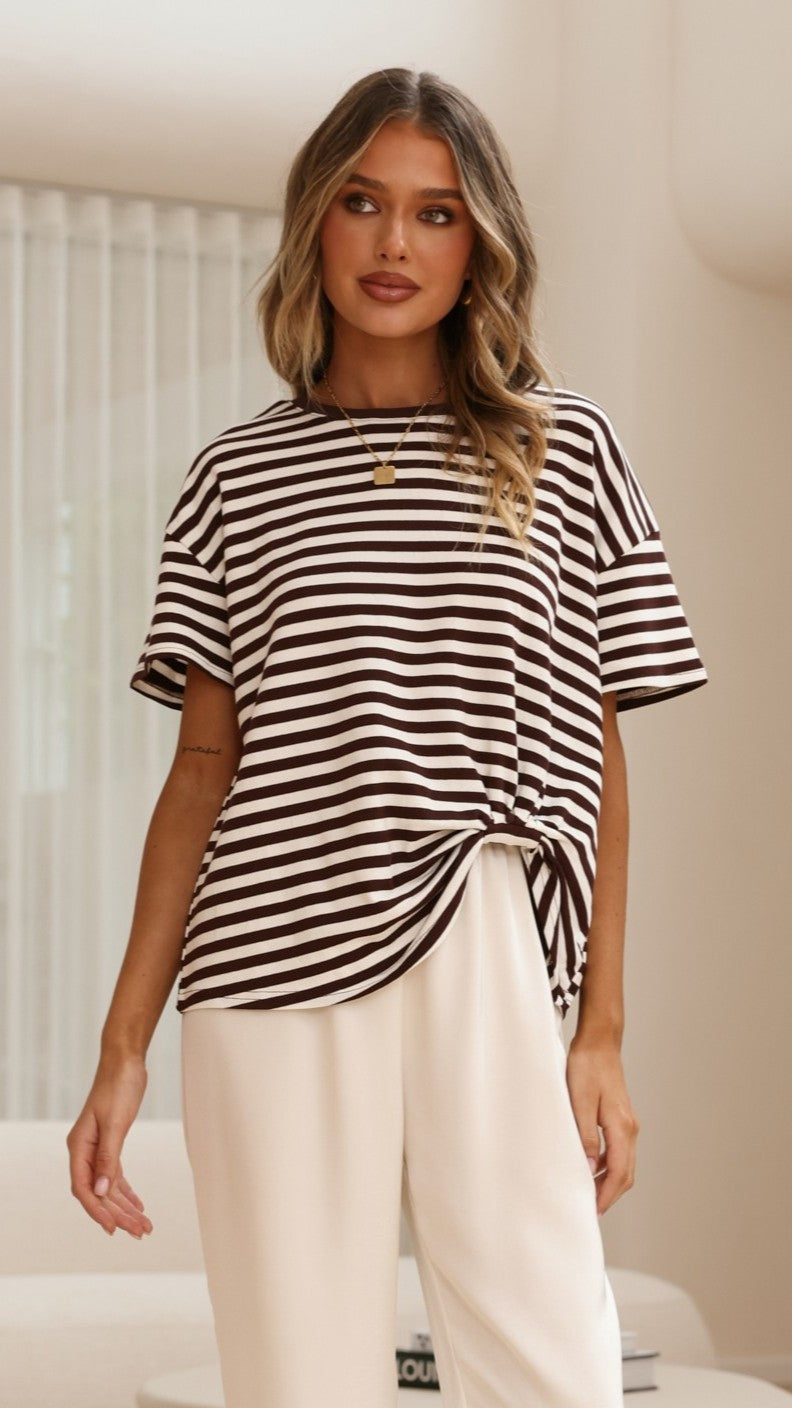 Clara Tee - Choc/White Stripe - Billy J