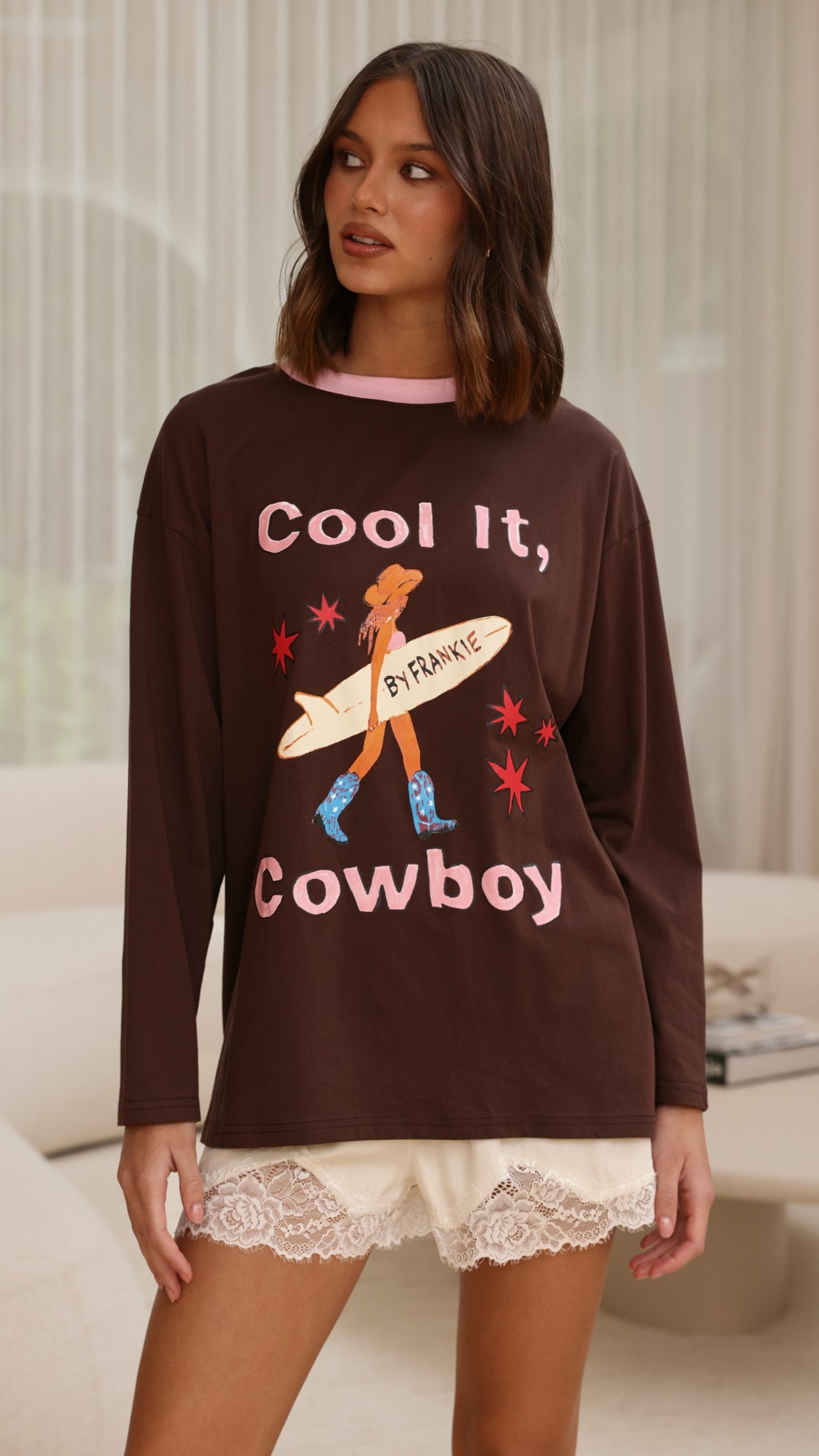 Cool It Cowboy Long Sleeve Top - Chocolate/Pink - Billy J
