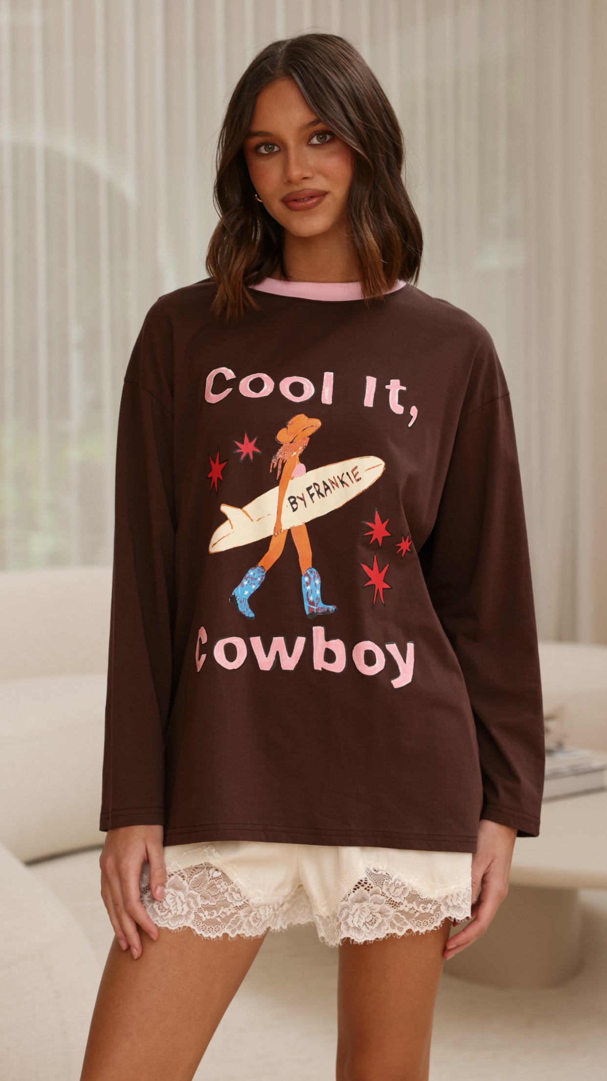 Cool It Cowboy Long Sleeve Top - Chocolate/Pink - Billy J