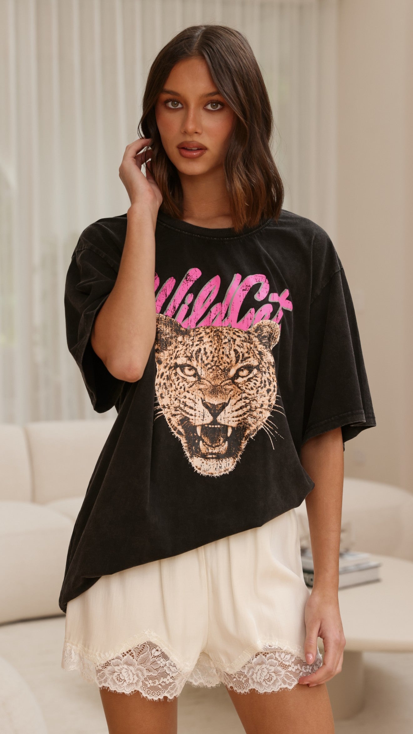 Wild Cat Oversized Tee - Black Acid Wash - Billy J
