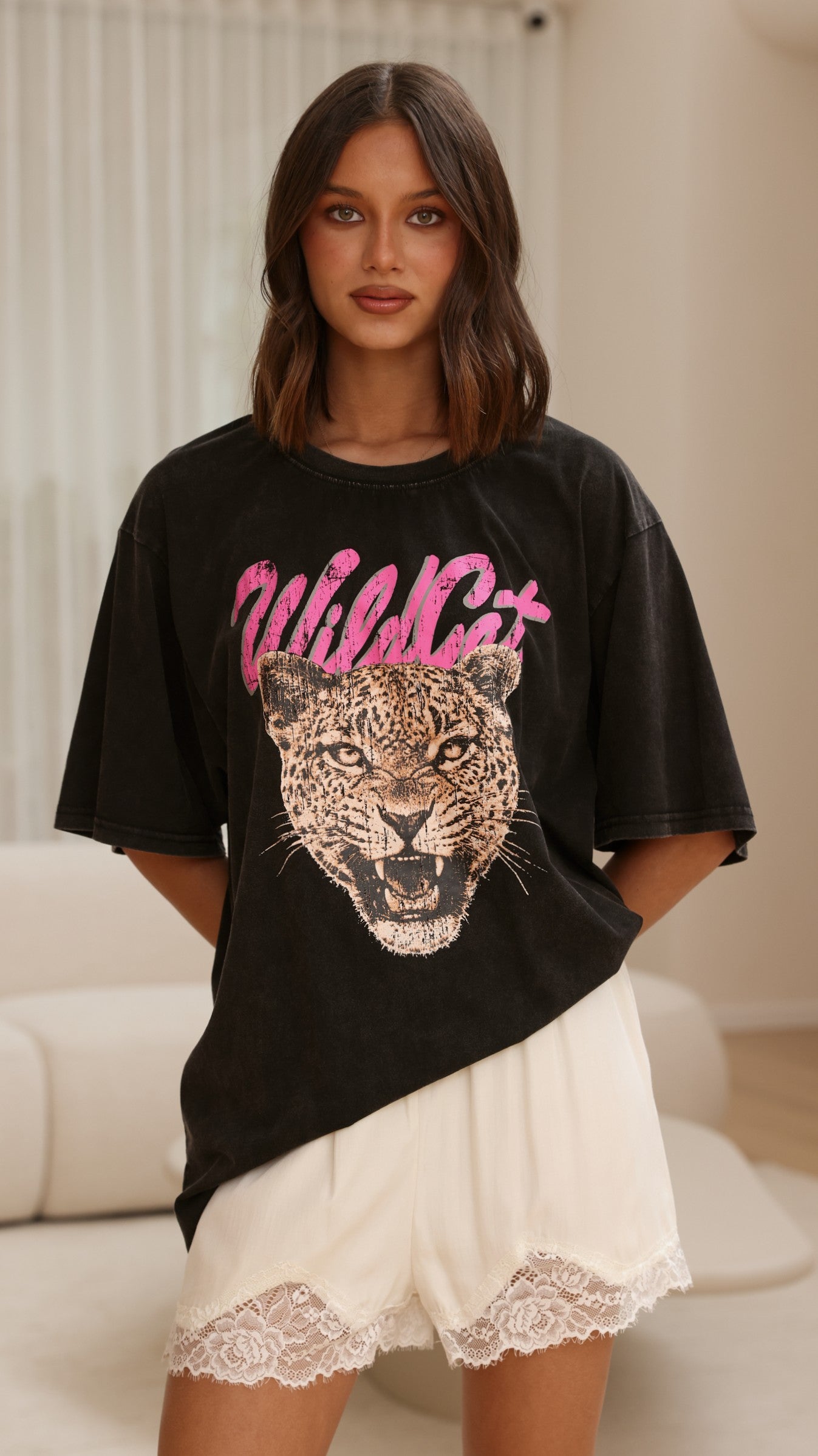 Wild Cat Oversized Tee - Black Acid Wash - Billy J