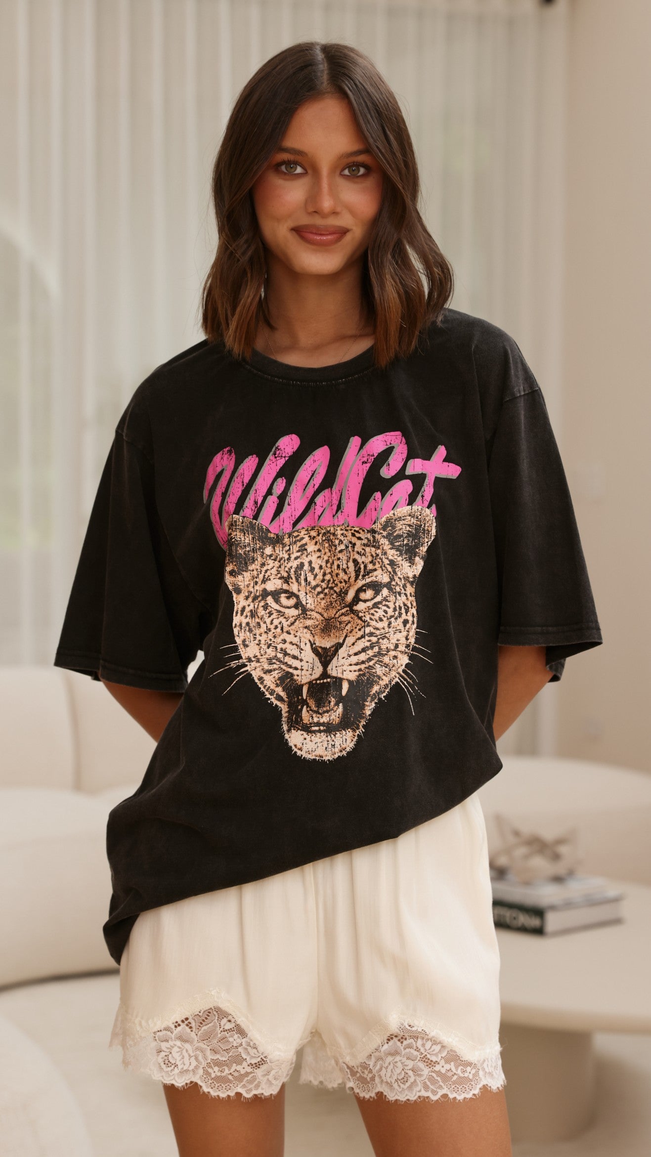 Wild Cat Oversized Tee - Black Acid Wash - Billy J