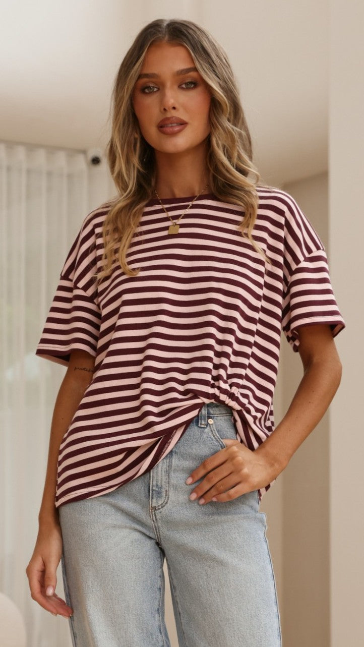 Clara Tee - Burgundy/Pink Stripe - Billy J