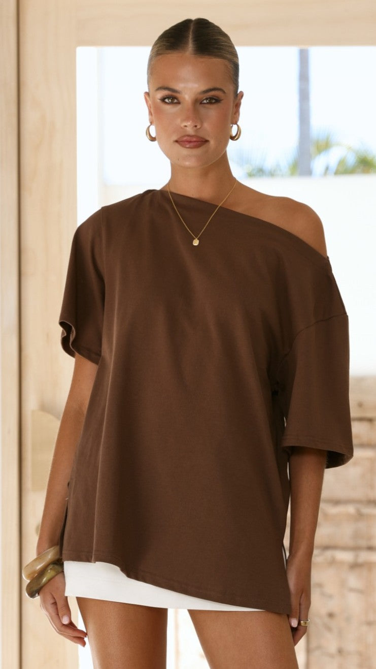 Pia One Shoulder Oversize Tee - Chocolate - Billy J