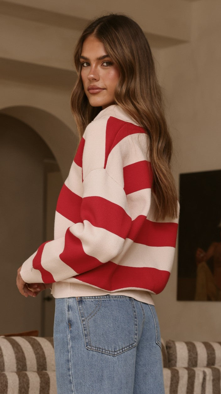 Kodi Sweater - Red/Beige Stripe - Billy J