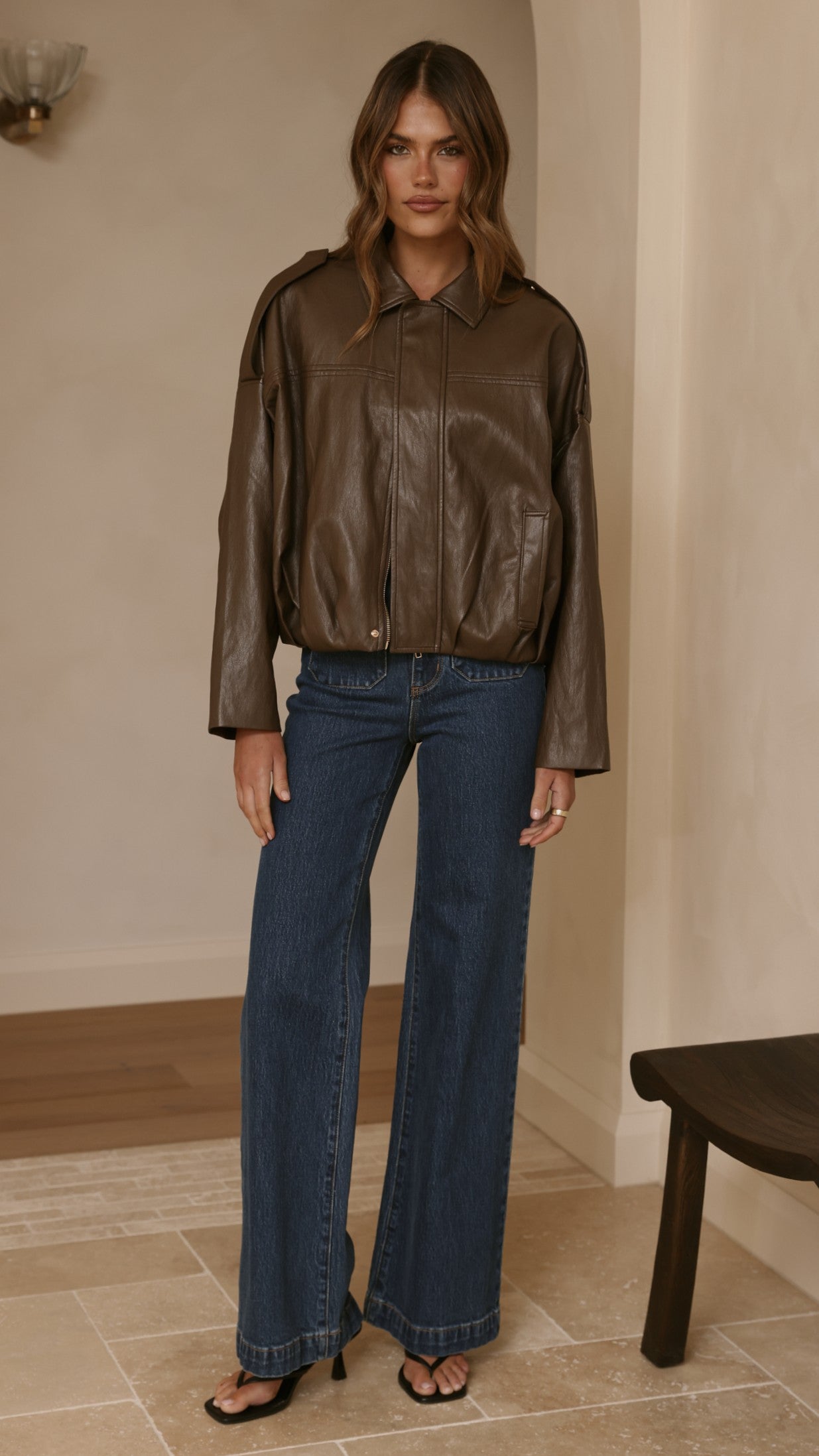 Leela Vegan Leather Bomber Jacket - Brown - Billy J
