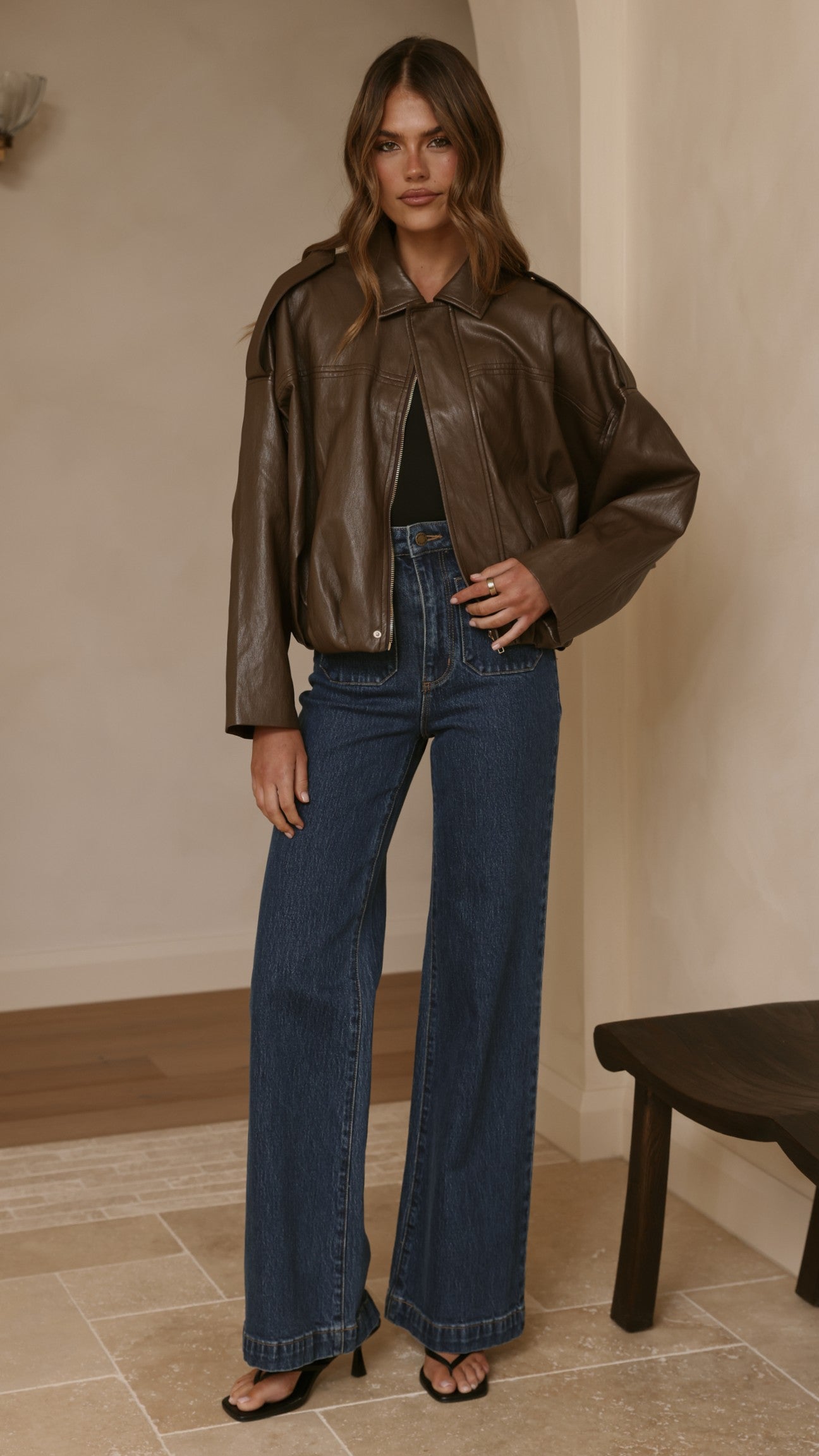 Leela Vegan Leather Bomber Jacket - Brown - Billy J