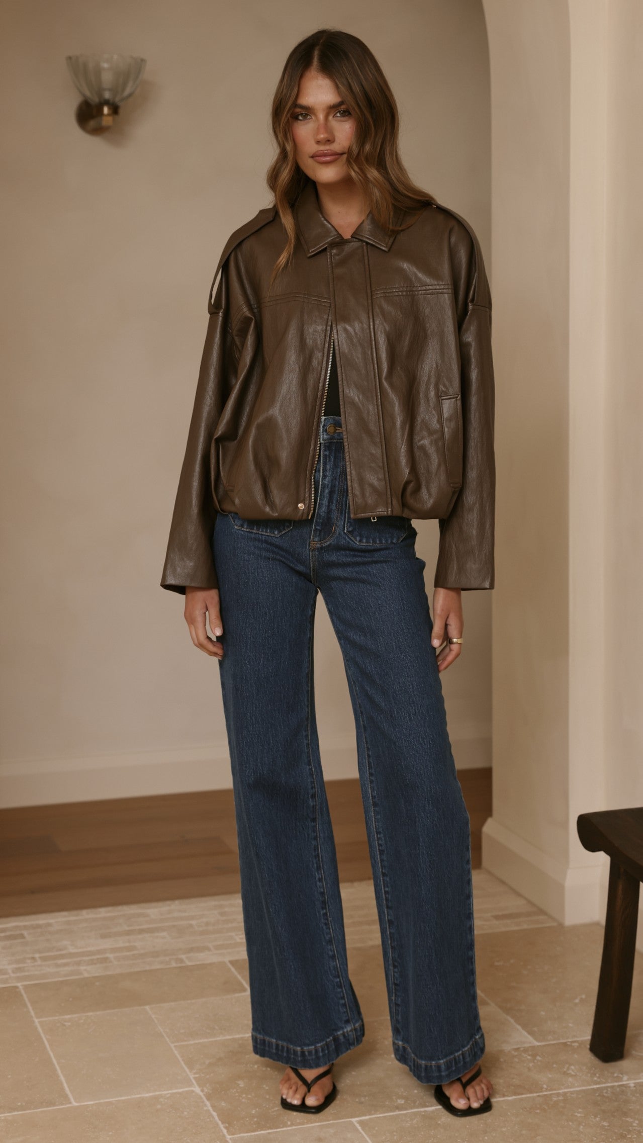 Leela Vegan Leather Bomber Jacket - Brown - Billy J
