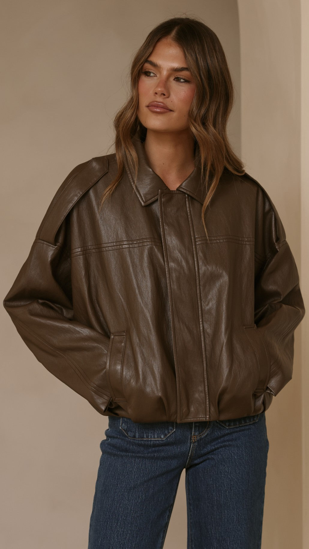 Leela Vegan Leather Bomber Jacket - Brown - Billy J