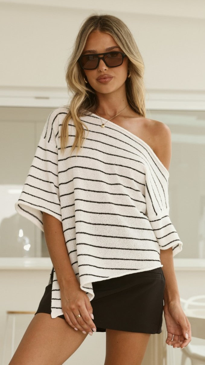 Blair Off Shoulder Tee - White/Black Stripe - Billy J