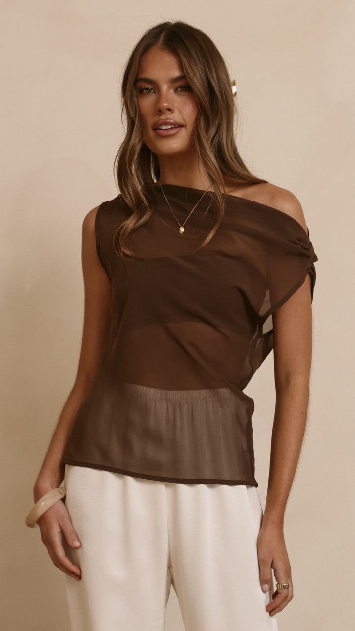 Zabella Sheer Off Shoulder Top - Chocolate - Billy J
