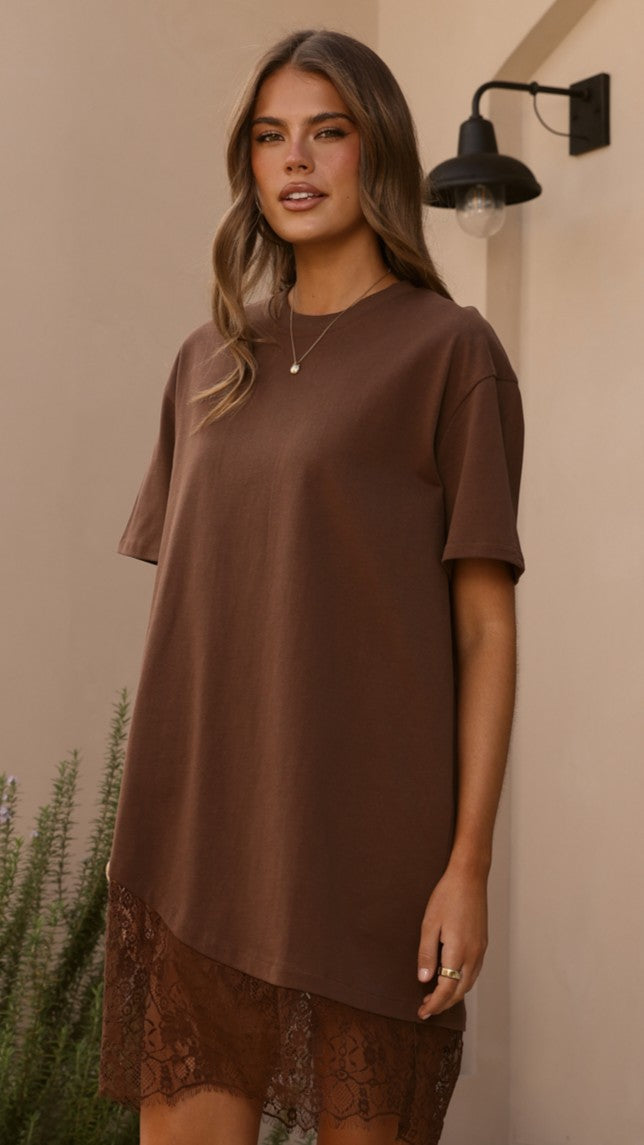 Avei Lace T-Shirt Mini Dress - Chocolate - Billy J