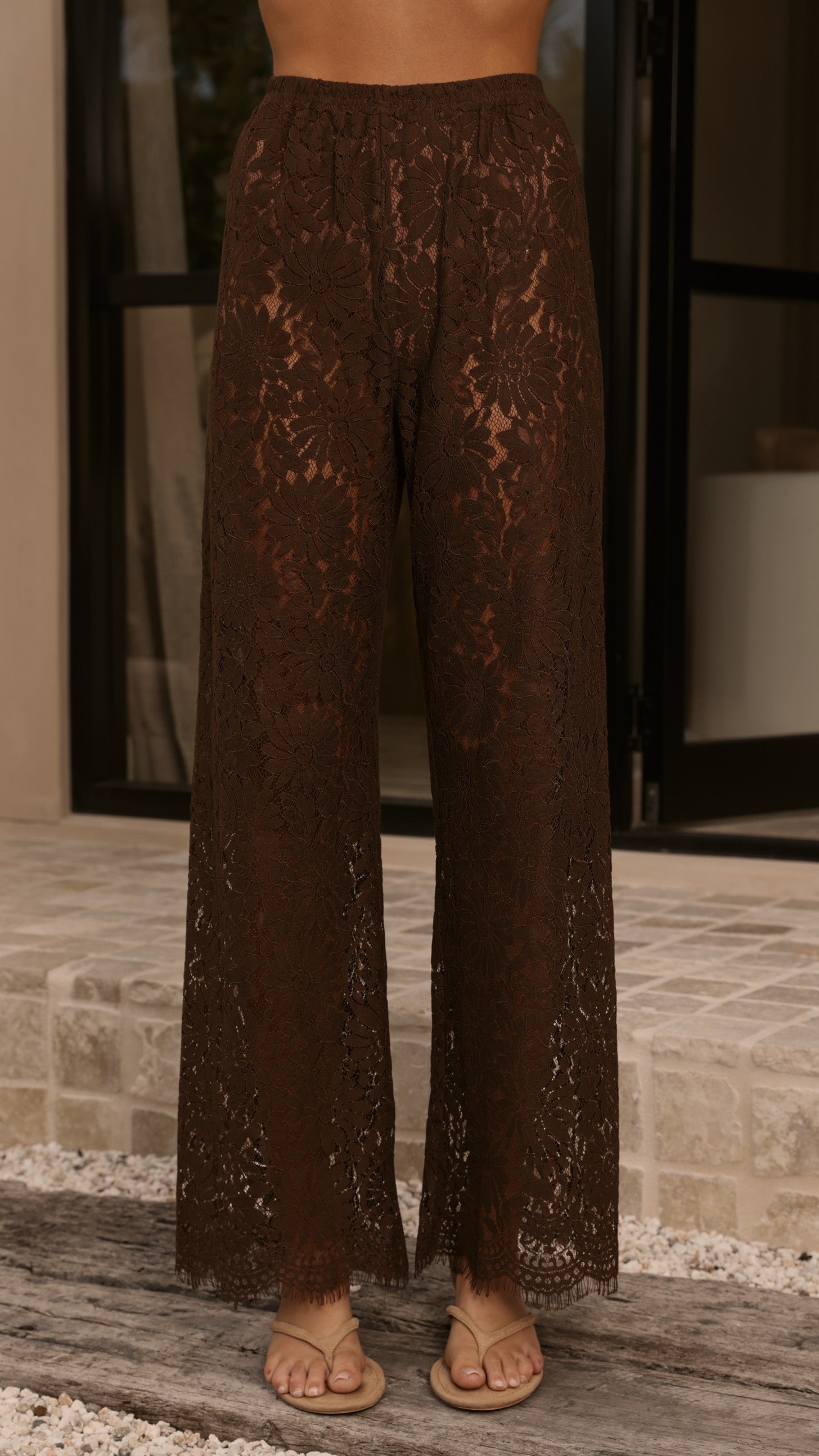 Ebony Asymmetrical Lace Top & Pants Set - Brown - Billy J