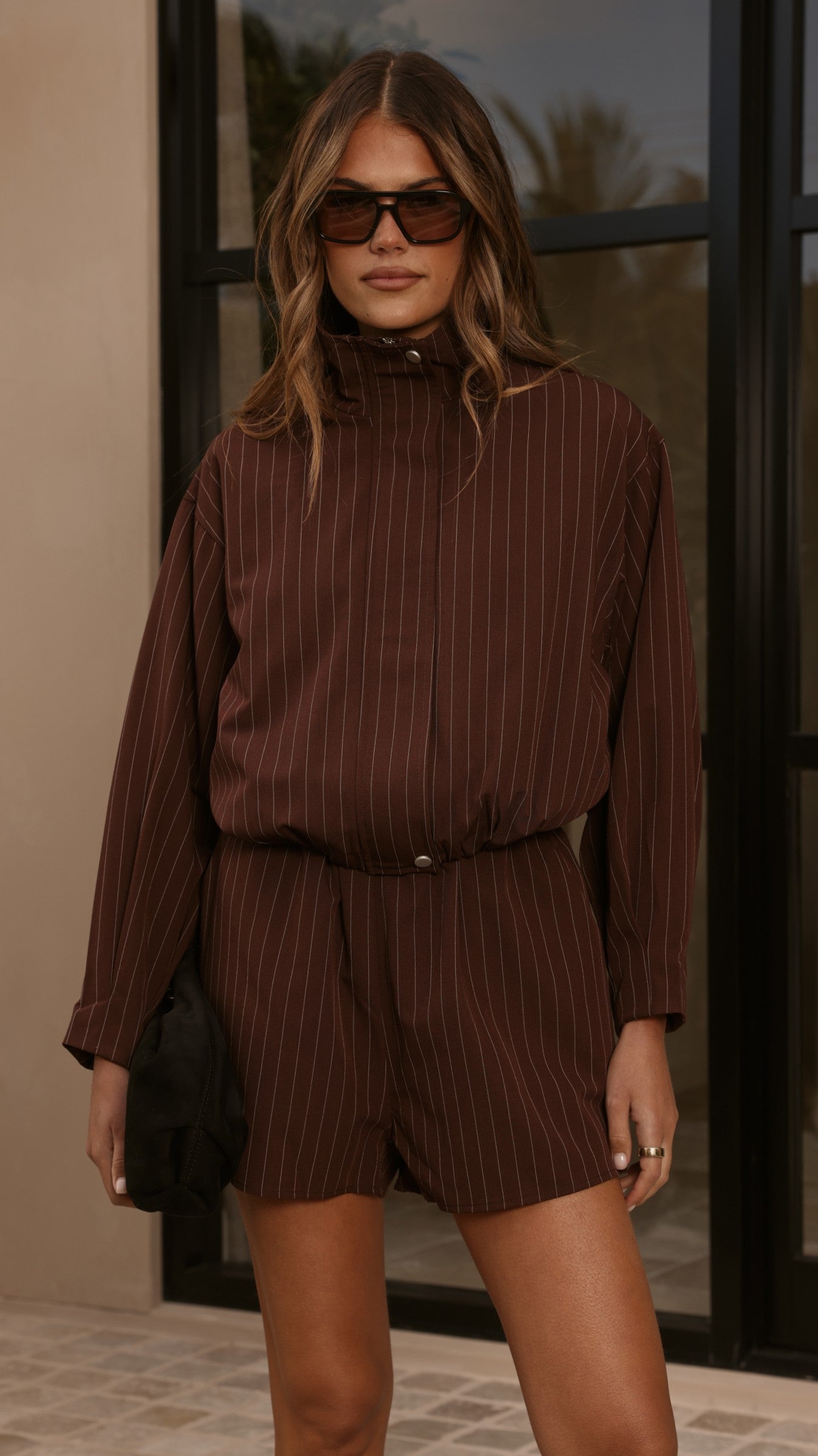 Ivana Funnel Neck Jacket & Shorts Set - Brown Pinstripe - Billy J