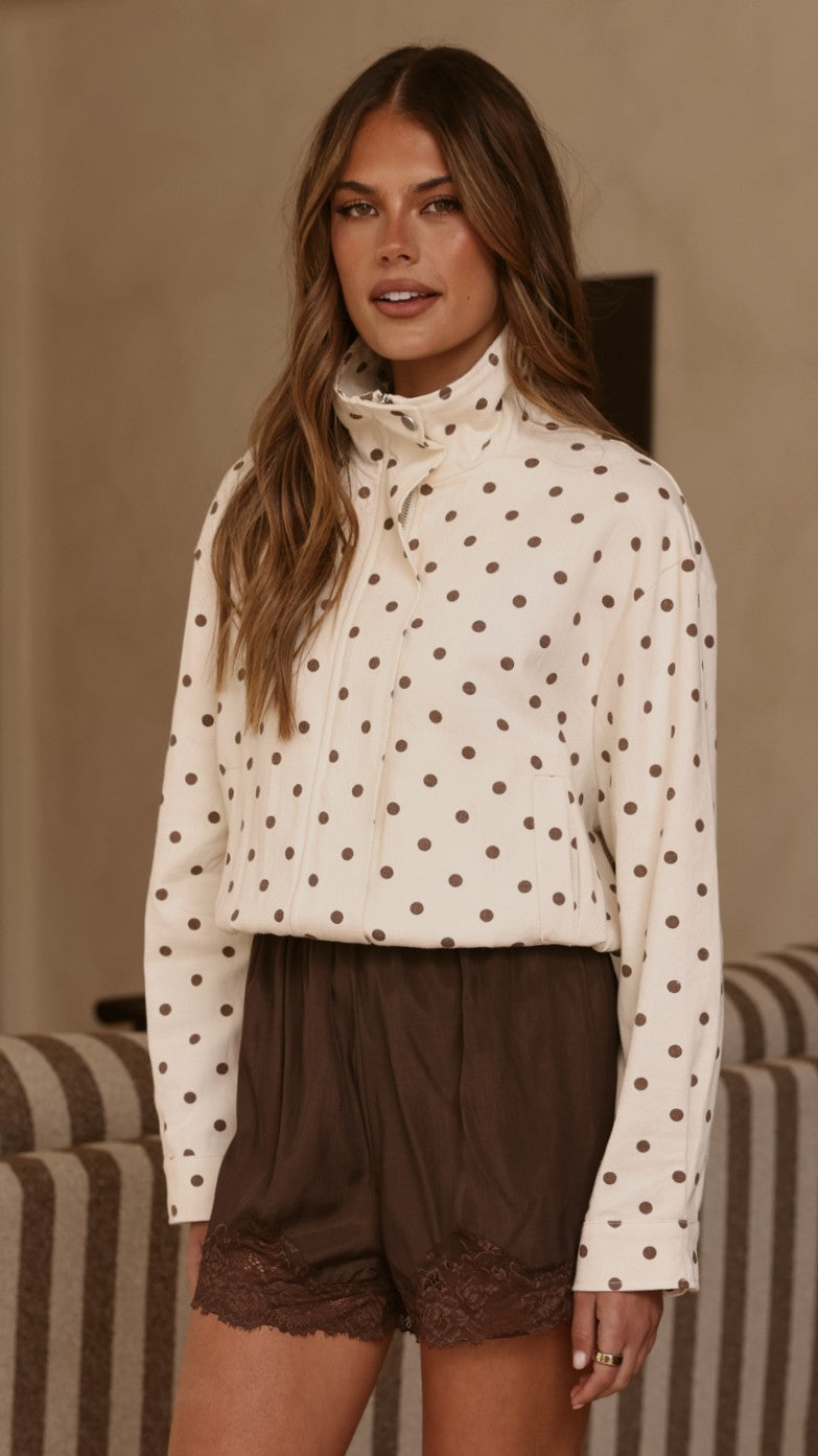 Nessie Funnel Neck Jacket - Cream/Chocolate Polka - Billy J