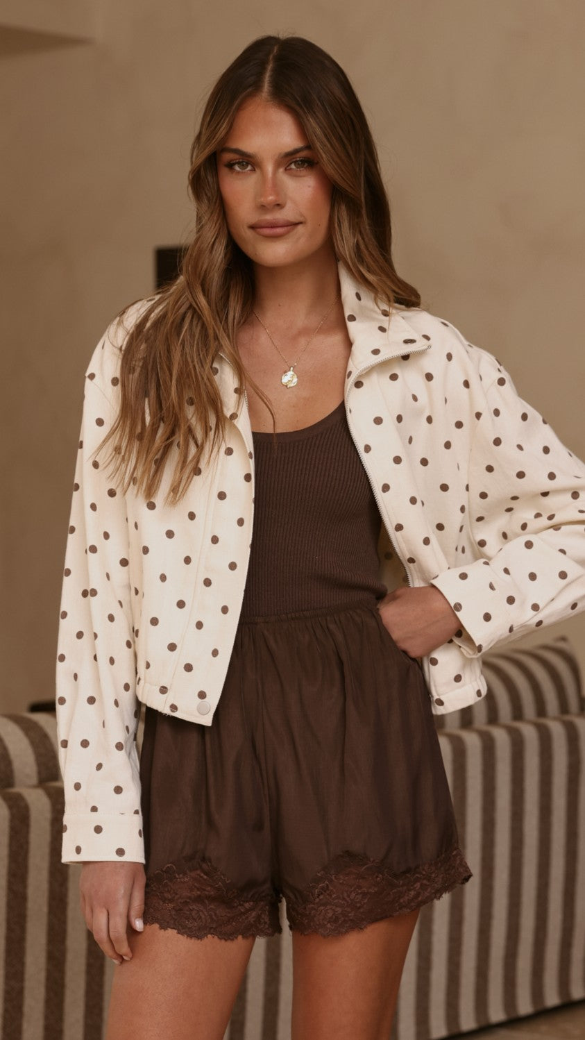 Nessie Funnel Neck Jacket - Cream/Chocolate Polka - Billy J