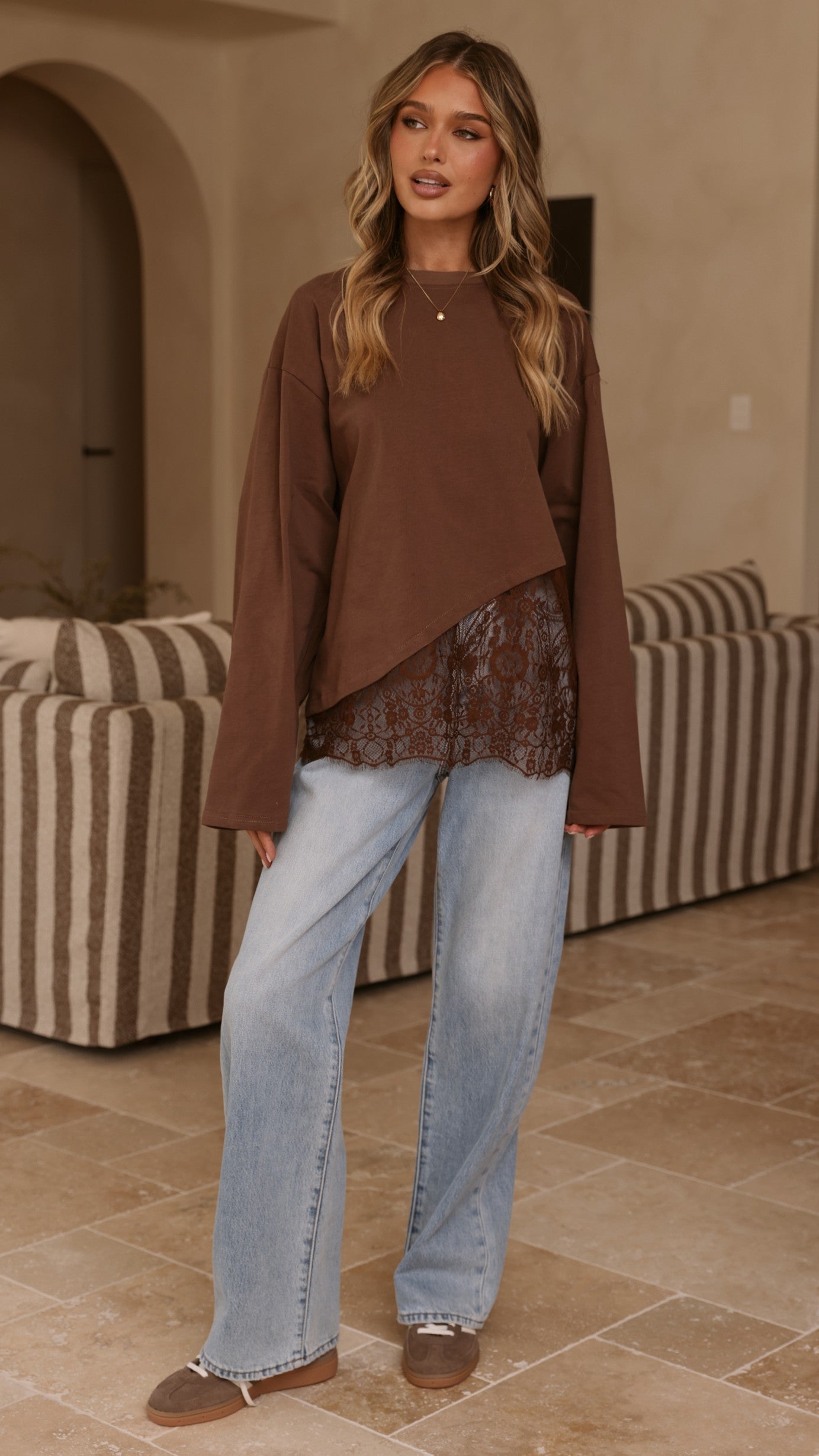 Javi Long Sleeve Lace Top - Brown - Billy J