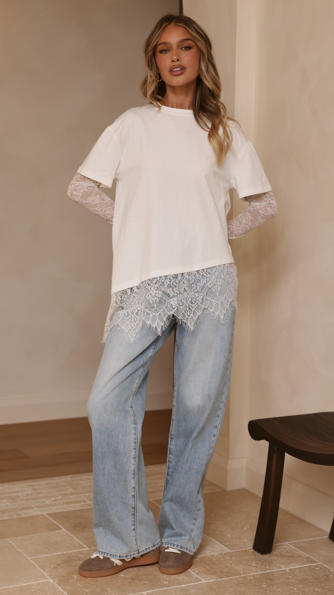 Quinn Lace Long Sleeve Top - White - Billy J