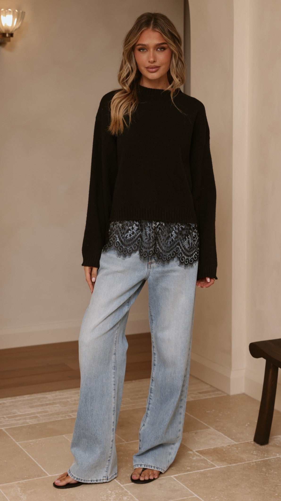Kylan Lace Trim Sweater - Black - Billy J