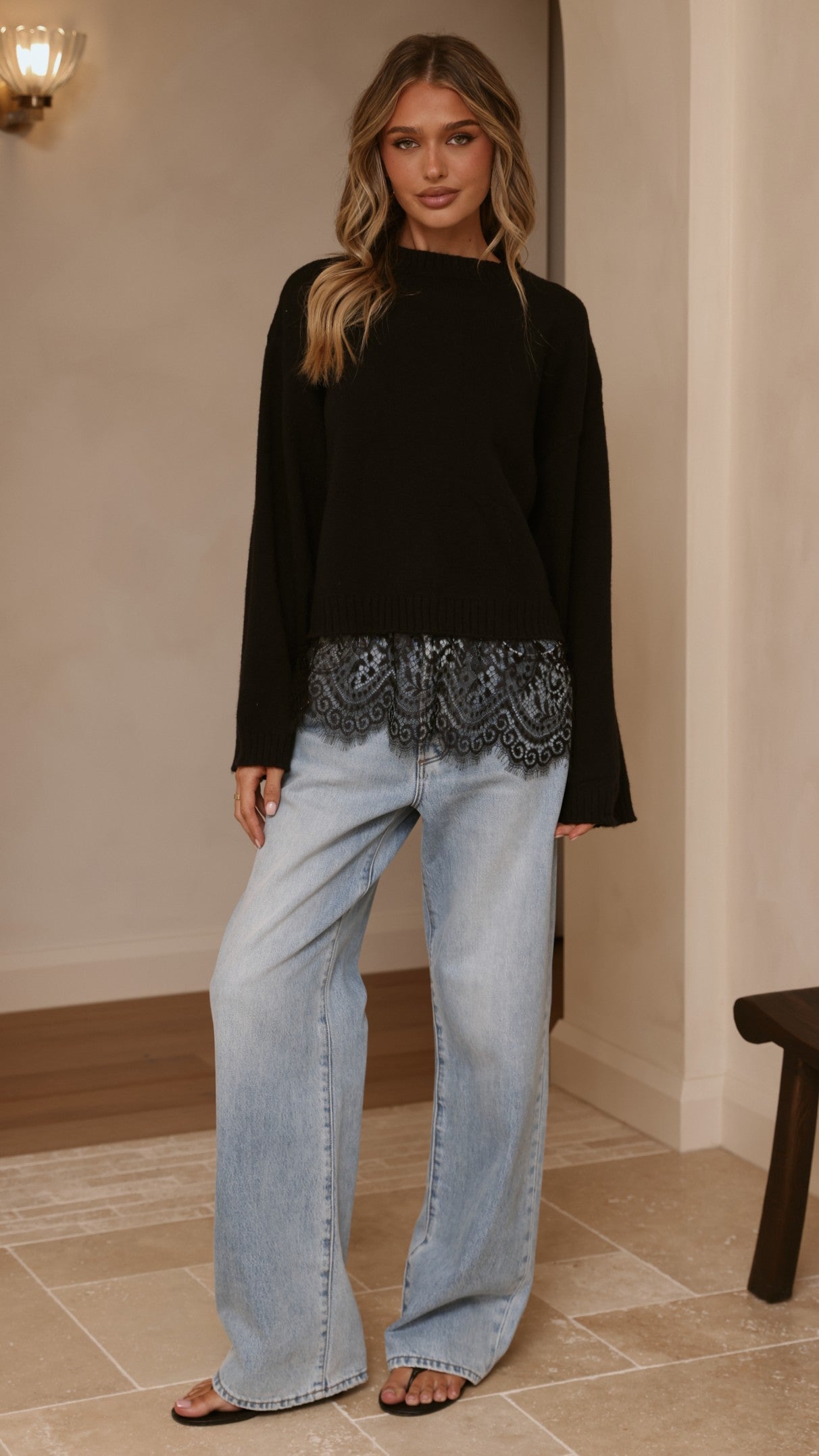 Kylan Lace Trim Sweater - Black - Billy J