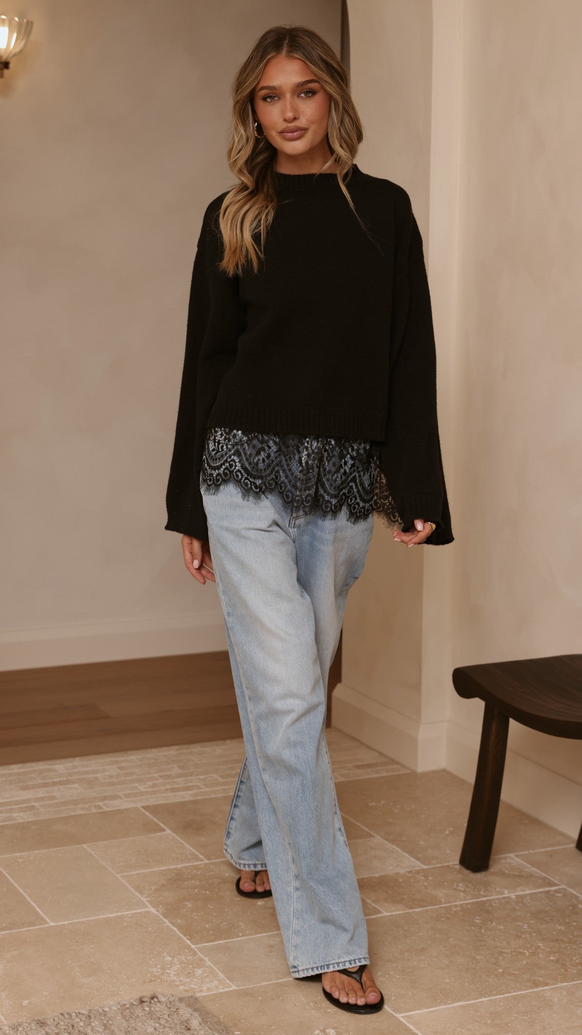 Kylan Lace Trim Sweater - Black - Billy J