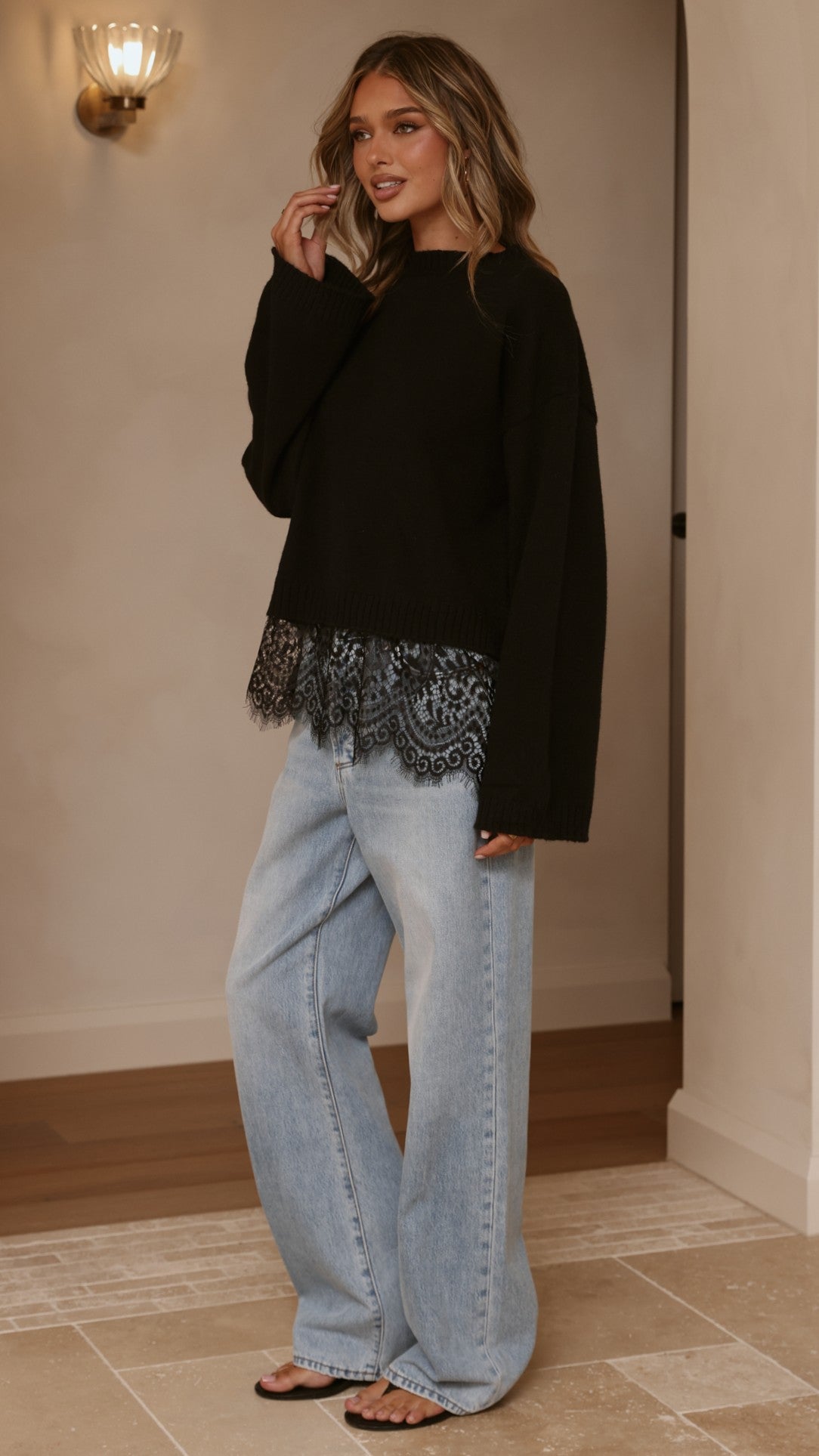 Kylan Lace Trim Sweater - Black - Billy J