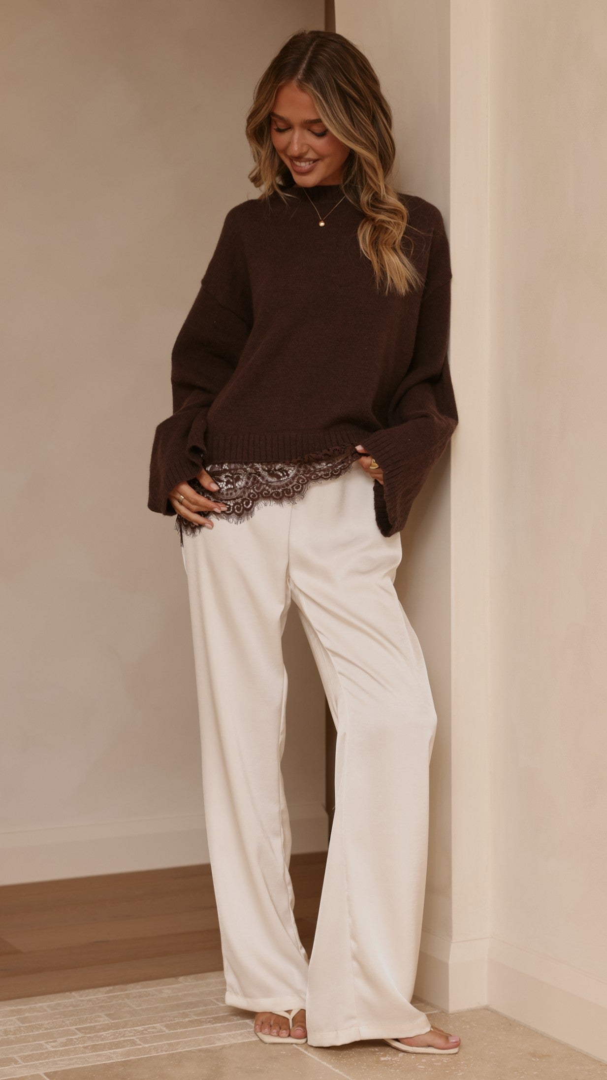 Kylan Lace Trim Sweater - Brown - Billy J