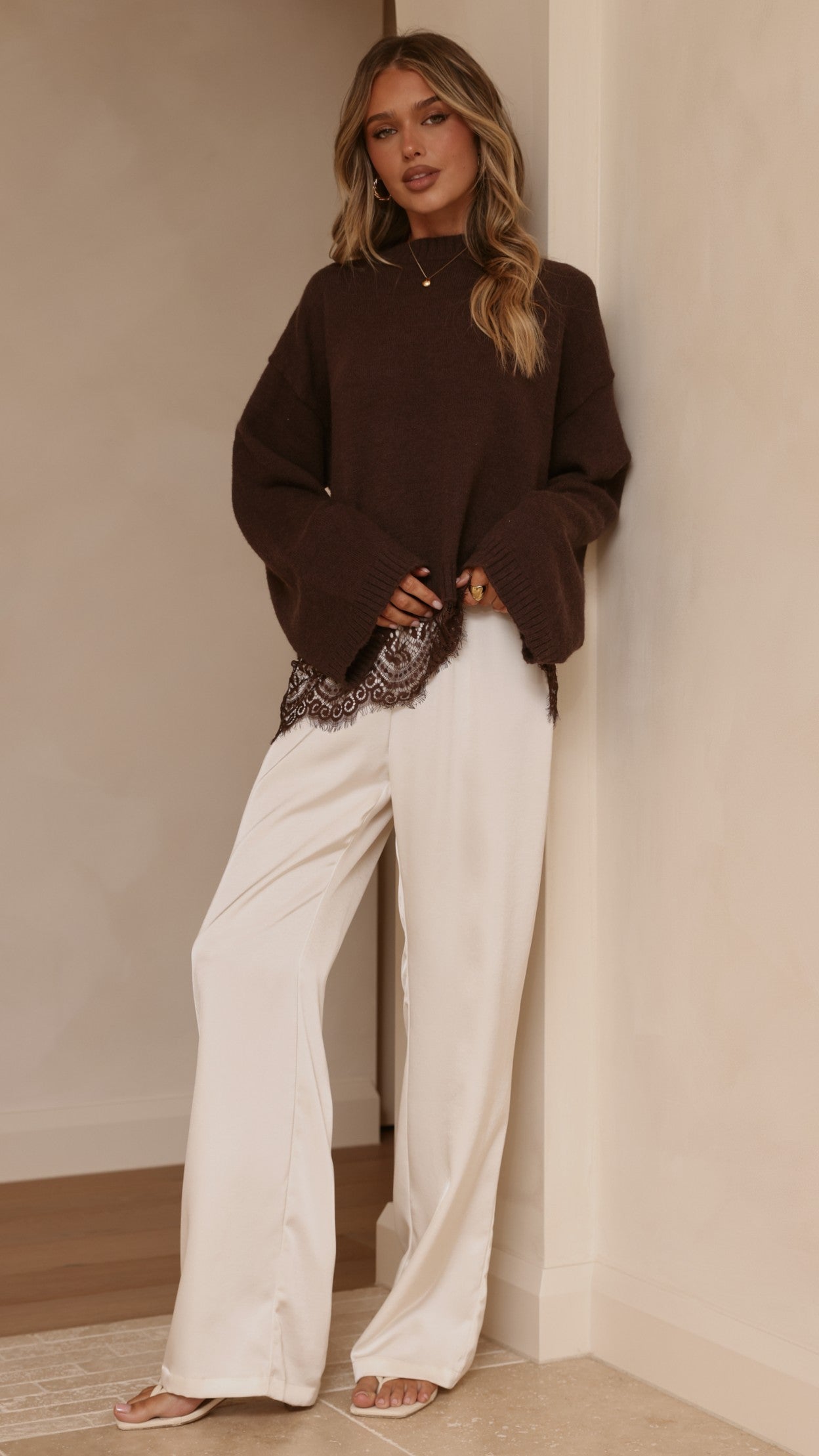 Kylan Lace Trim Sweater - Brown - Billy J