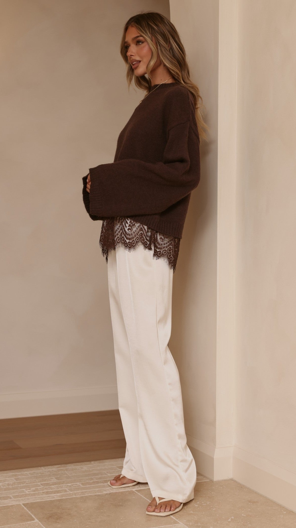 Kylan Lace Trim Sweater - Brown - Billy J