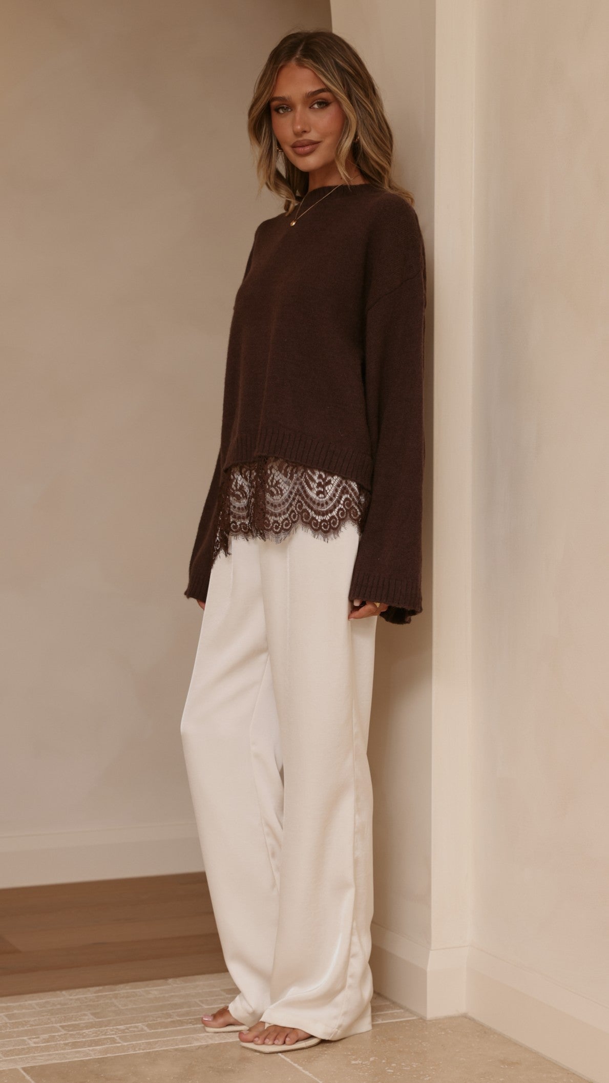 Kylan Lace Trim Sweater - Brown - Billy J