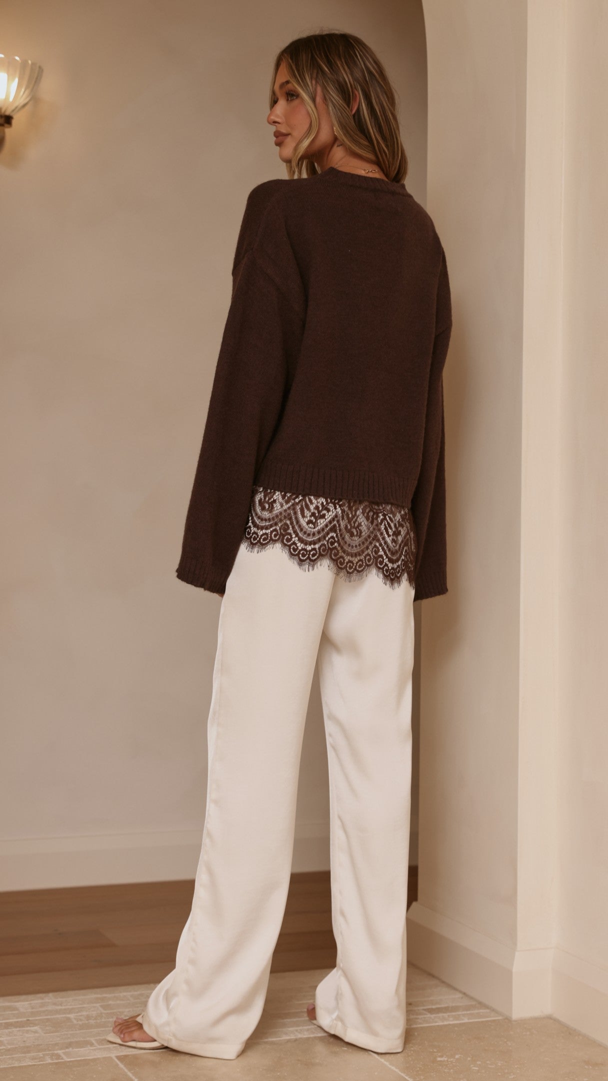 Kylan Lace Trim Sweater - Brown - Billy J