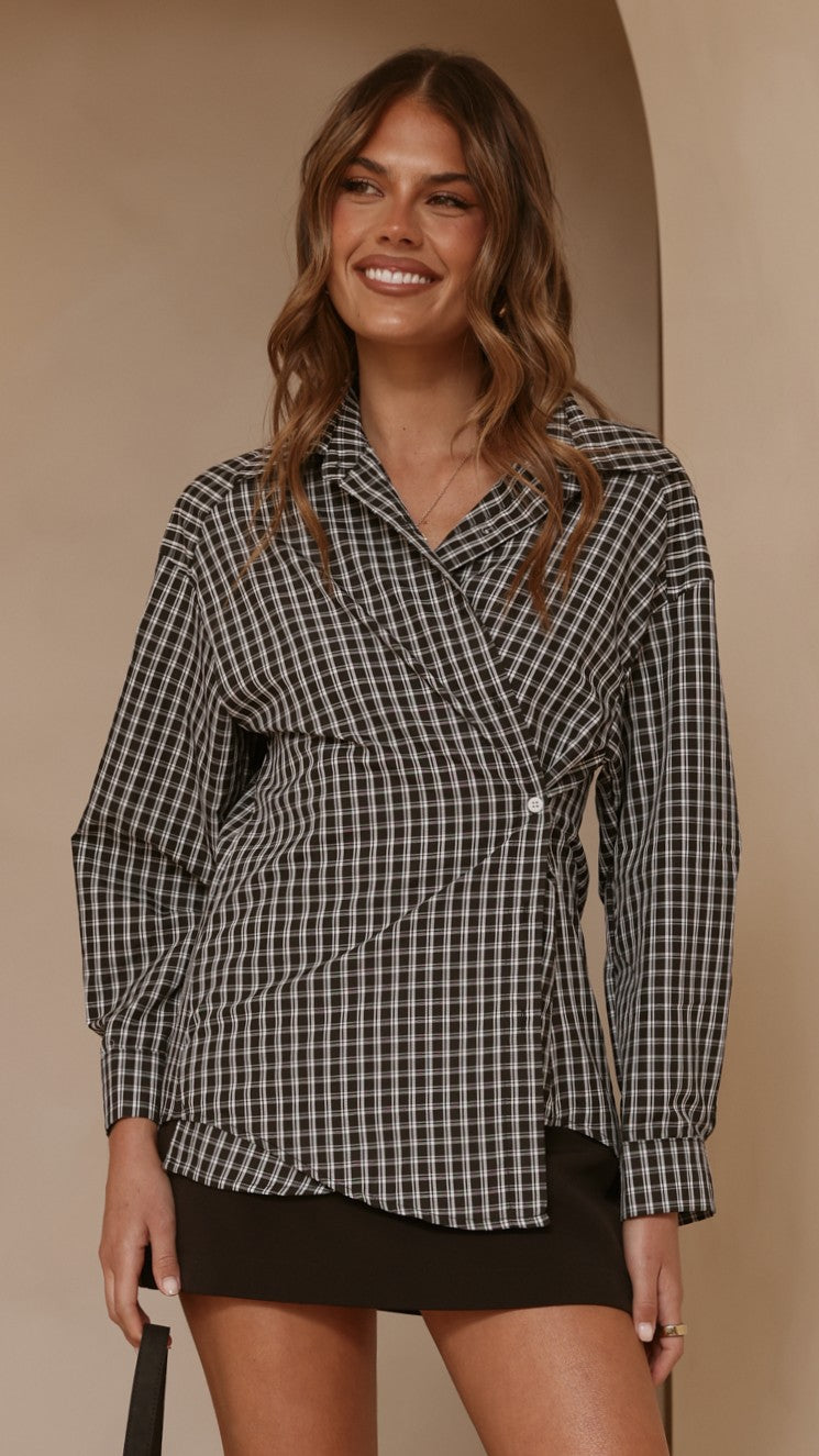 Valia Asymmetrical Button Up Shirt - Black/White Plaid - Billy J