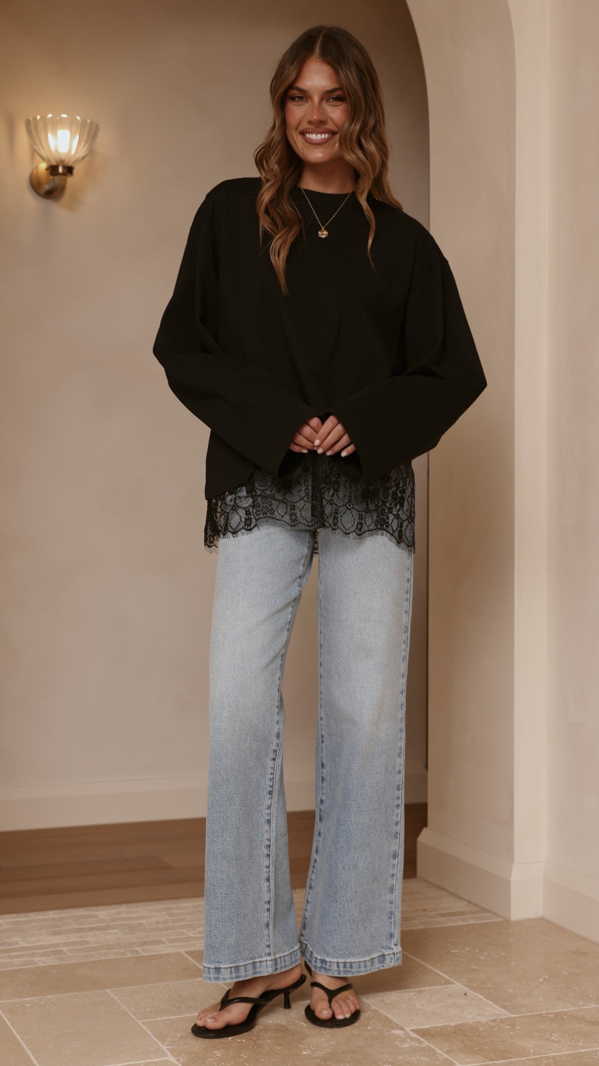 Javi Long Sleeve Lace Top - Black - Billy J