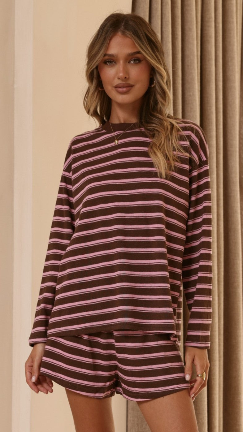 Harla Long Sleeve Top & Shorts Set - Pink/Brown Stripe - Billy J