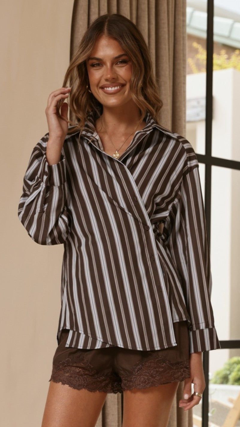 Valia Asymmetrical Button Up Shirt - Brown/Blue Stripe - Billy J