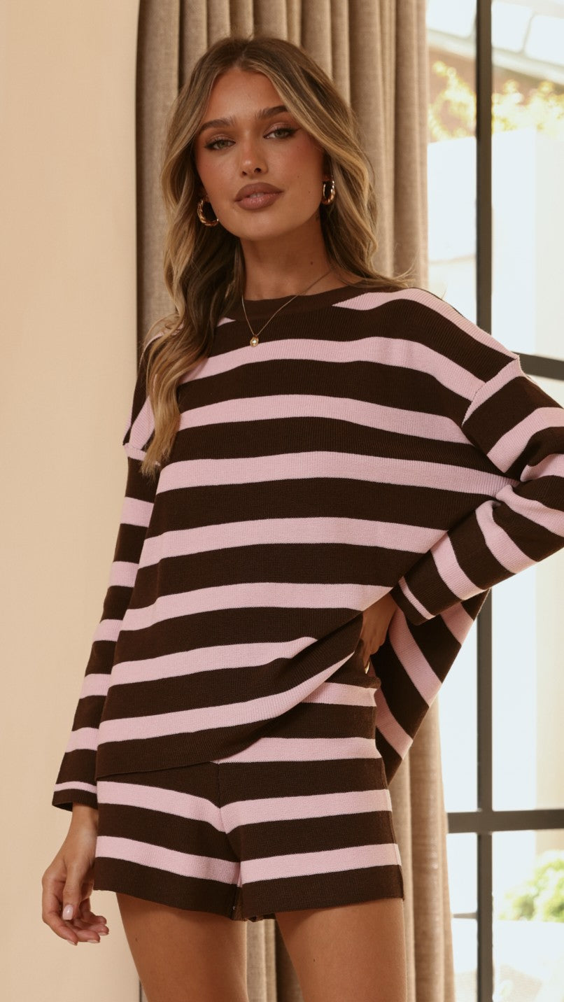 Jaeden Long Sleeve Top & Shorts Set - Pink/Chocolate Stripe - Billy J