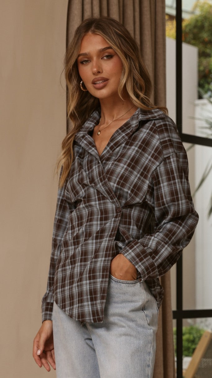 Valia Asymmetrical Button Up Shirt - Blue/Brown Plaid - Billy J