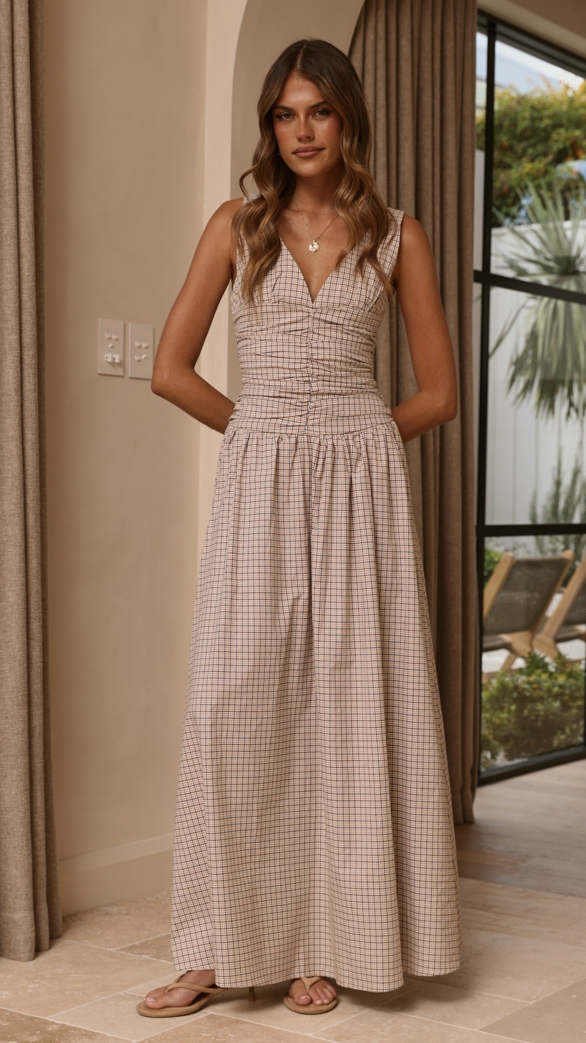 Sanya Maxi Dress - Beige Check - Billy J