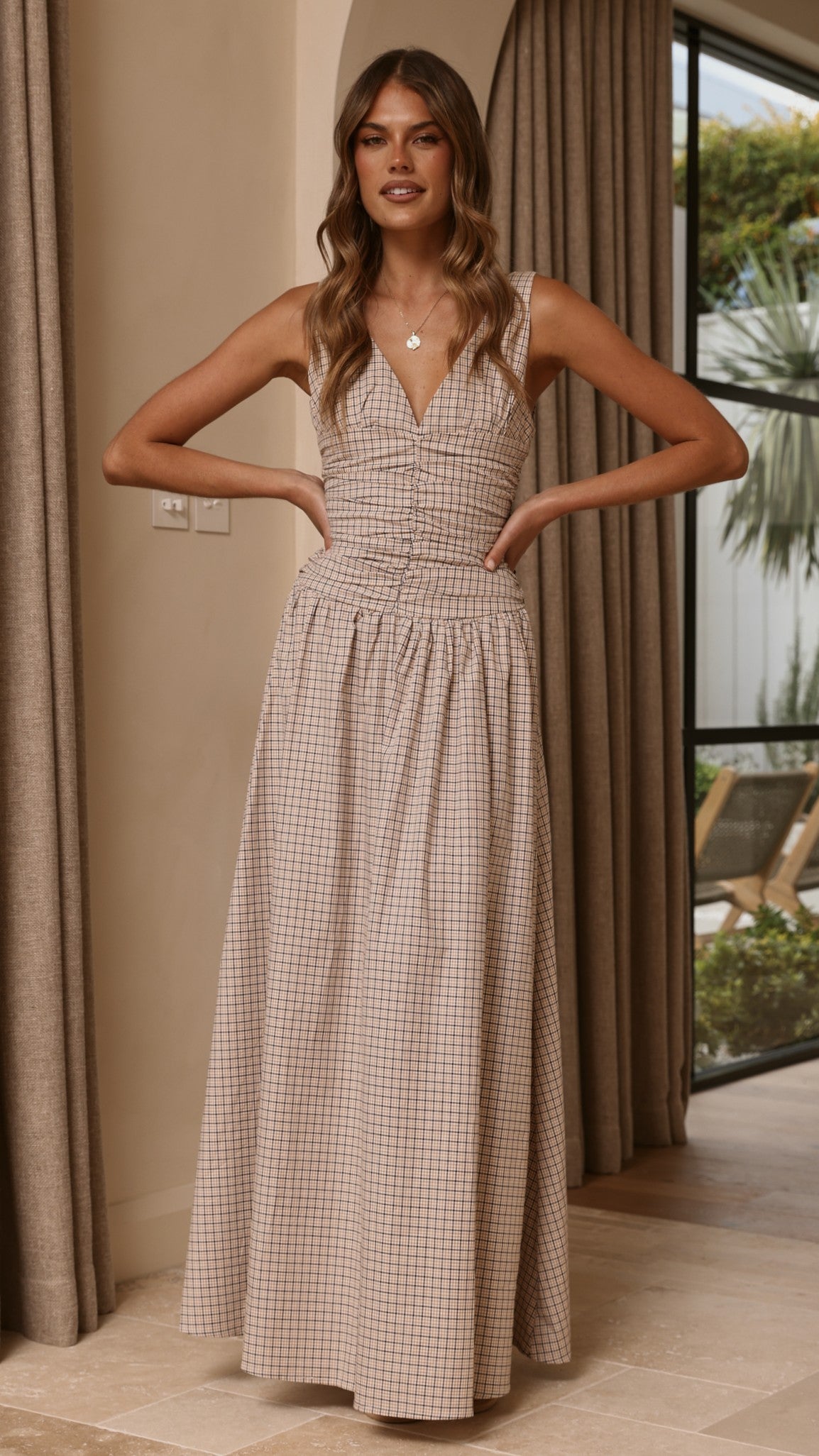 Sanya Maxi Dress - Beige Check - Billy J