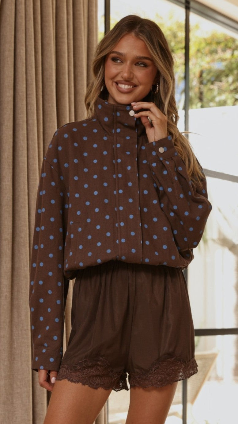 Nessie Funnel Neck Jacket - Chocolate/Blue Polka - Billy J