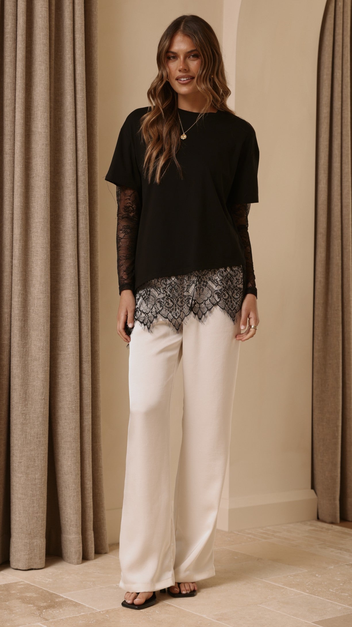 Quinn Lace Long Sleeve Top - Black - Billy J