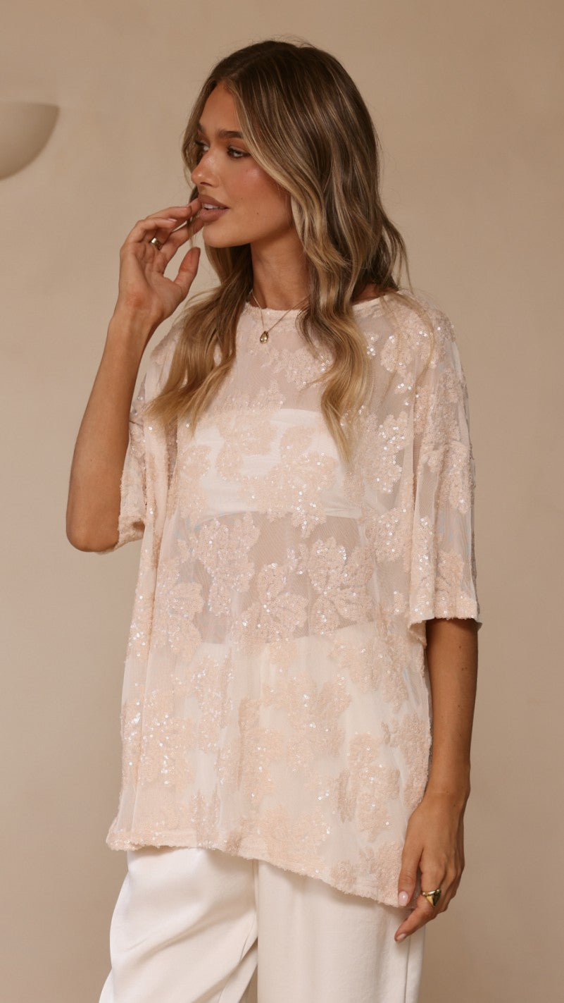 Arlo Oversized Sequin Top - Beige Floral - Billy J