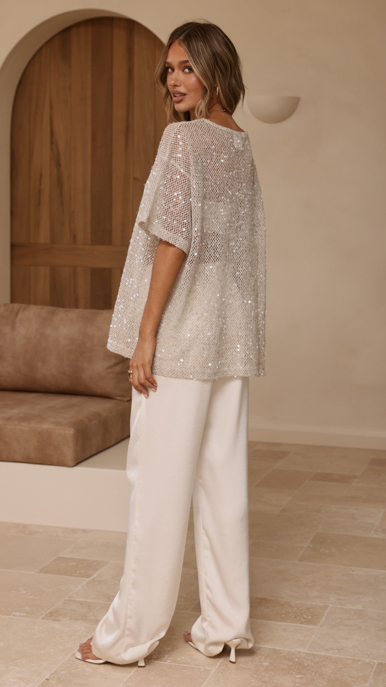 Varni Oversized Sequins Tee - Beige - Billy J